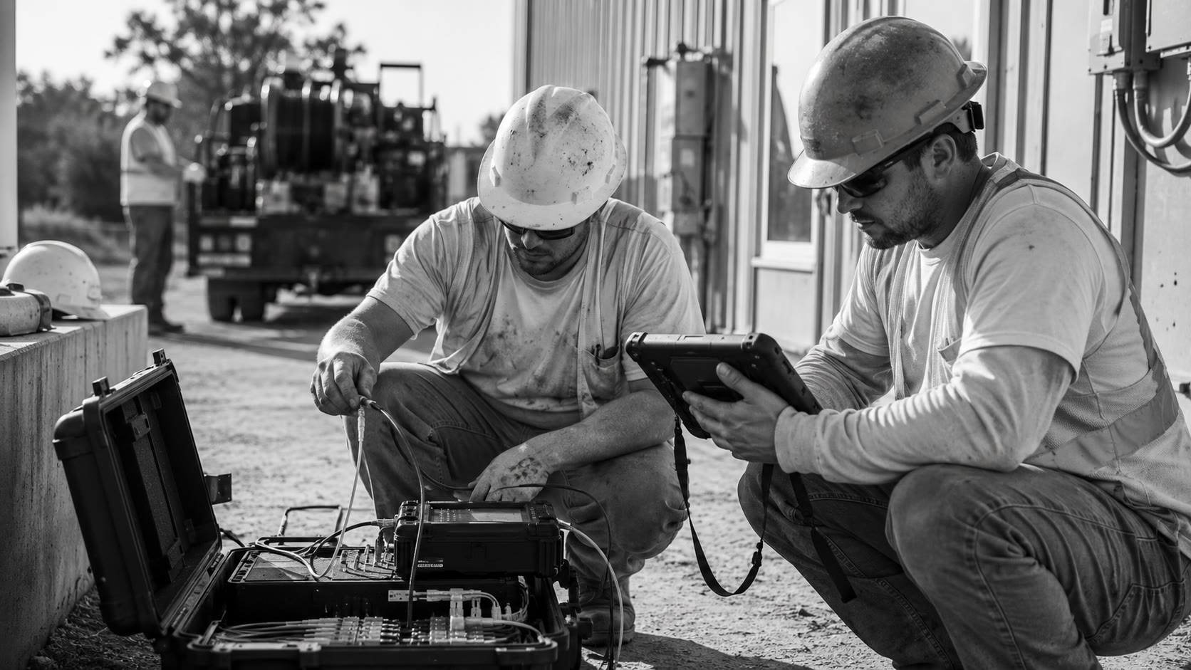 Fiber technicians testing a completed cable route