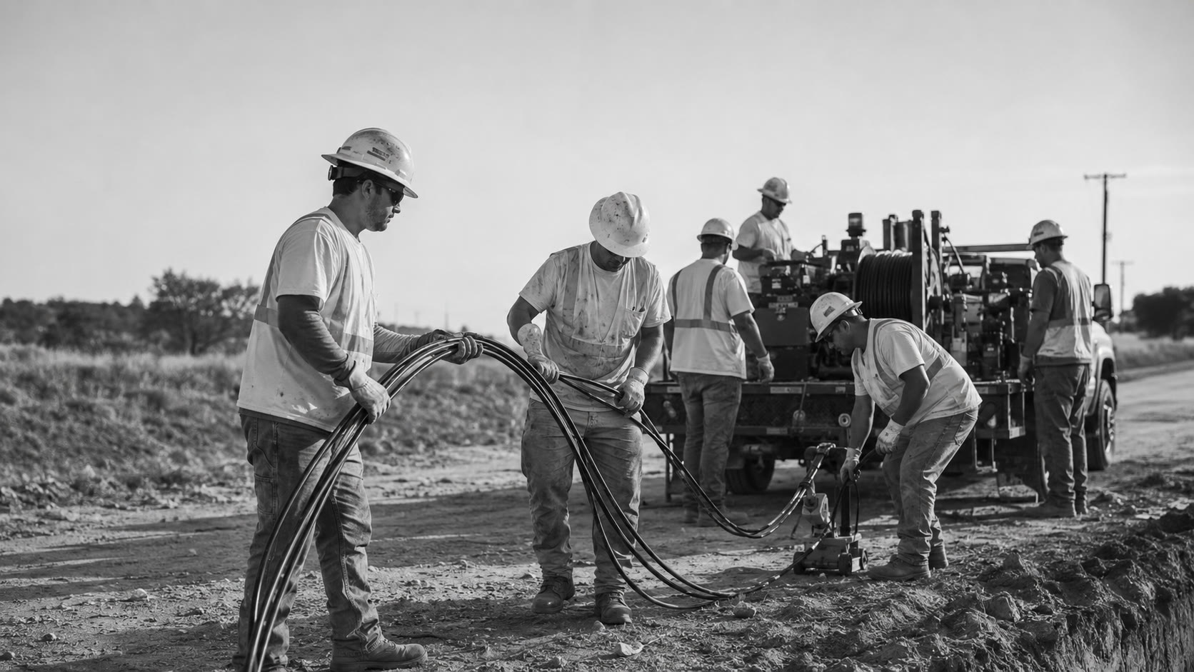 Field-ready fiber construction crew with professional equipment