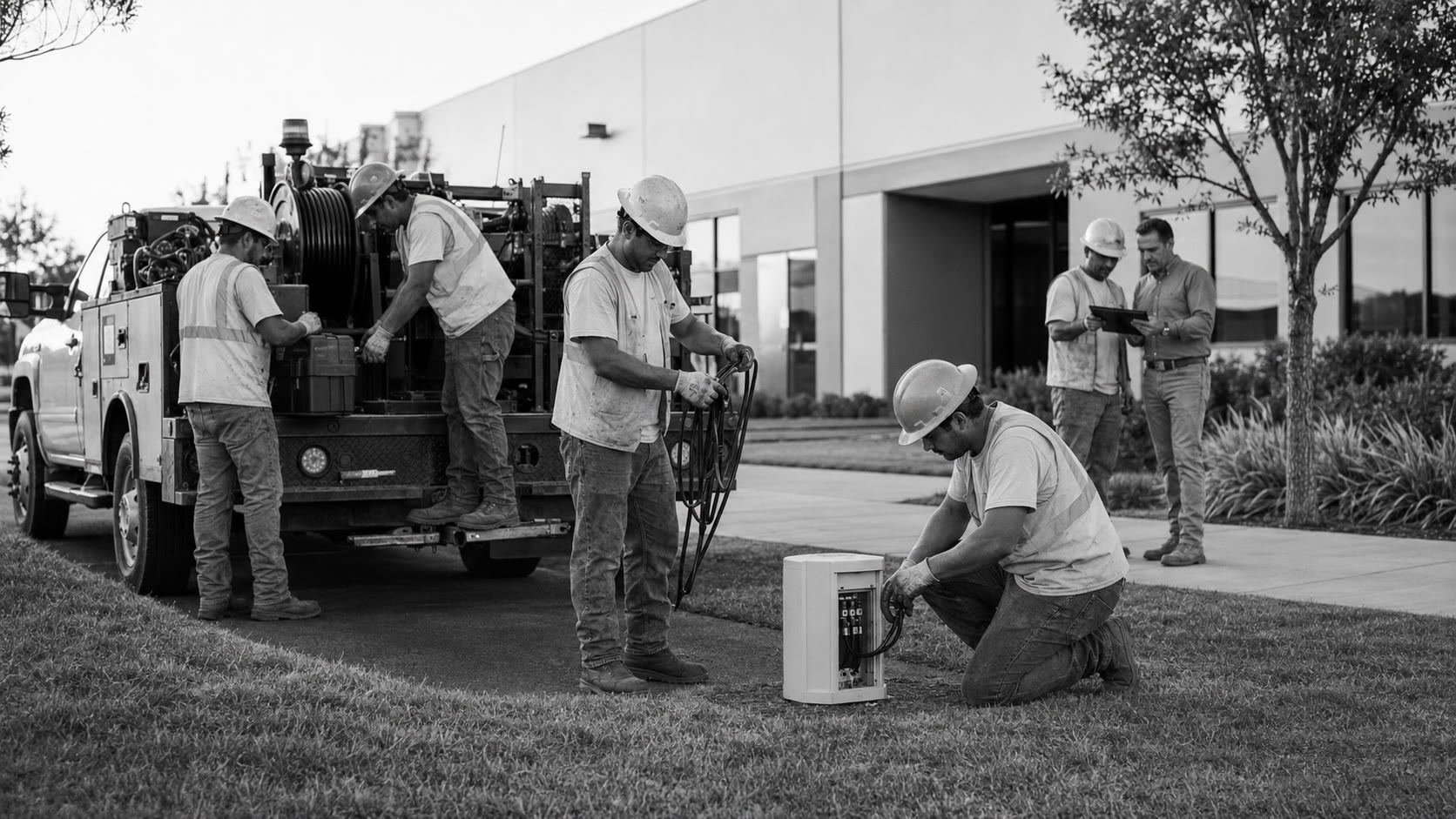 Telecom construction crew completing a cable placement scope
