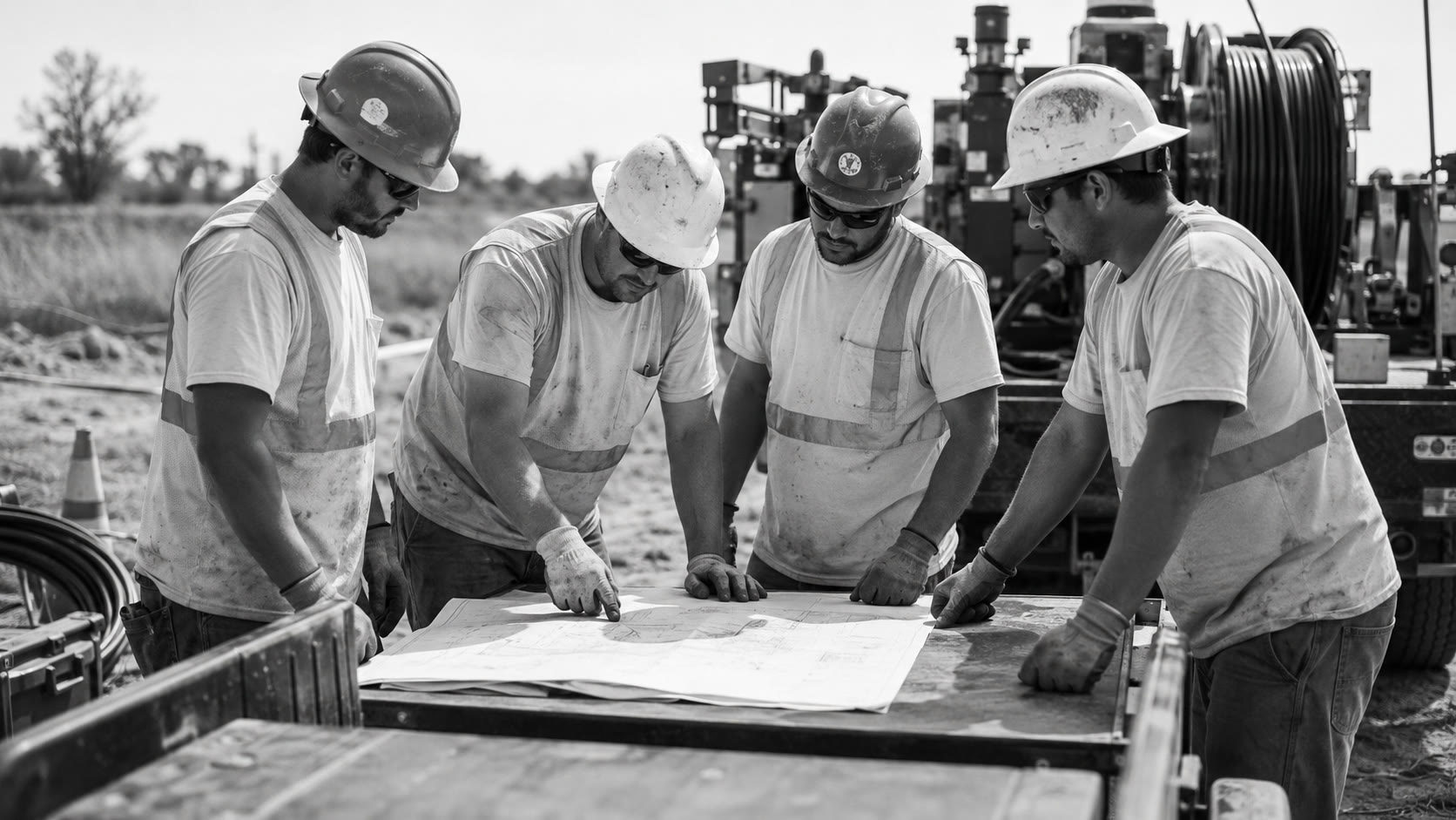 Fiber crew reviewing project plans before mobilization