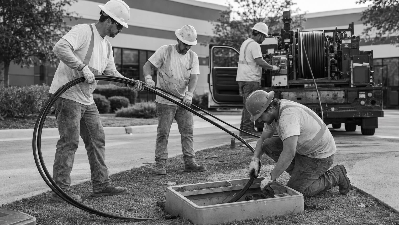 Fiber construction crew placing cable at an underground handhole